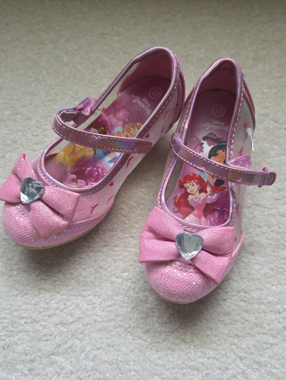 Disney Girls Sparkle Pink Mary Jane Dress Shoes with Heart Gem